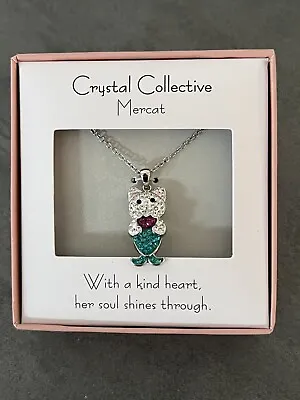 New Crystals MerCat Cat Mermaid Pendant Necklace Green Pink Silver Plated 18  • $10