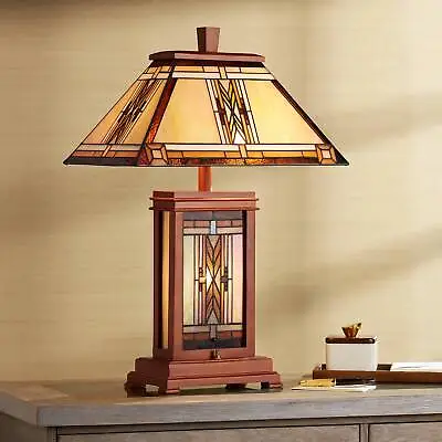 $249.95 • Buy Mission Table Lamp With Nightlight Walnut Wood Tiffany Stained Glass For Bedroom