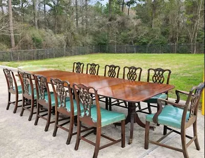 Antique Chippendale Set Of 12 Mahogany Dining Chairs & Extendable Dining Table • $5900