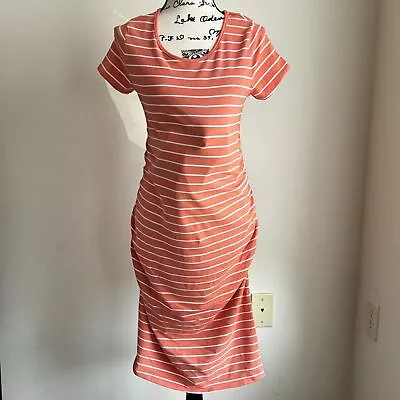 Isabel Maternity By Ingrid & Isabel Striped Shirred T-Shirt Dress Orange Medium • $10