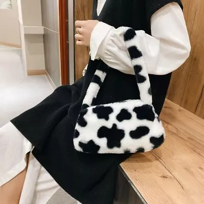 Fluffy Tote Bags Women Small Purses Plush Underarm Bags Cow Print Shoulder Bags • £4.79