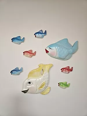 Vintage Miller Studios Set Of Fish Parents 6 Baby Fish Chalkware Wall Decor 1960 • $90