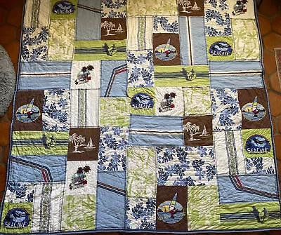 Pottery Barn Kids Full Quilt 85x87” Surfing Island Beach Surf Kayak Floral Palm • $74.95