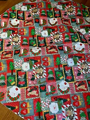 Vintage Christmas Santa Claus Moose Table Linen 58” Round Cloth Soft Back ❤️tb47 • $39