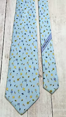 Salvatore Ferragamo Men's Silk Tie Little Flowers On Light Blue  EXC Cond Italy • $75