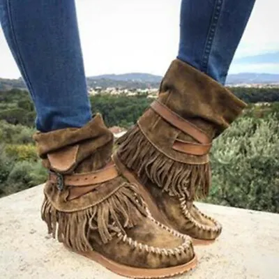 Women Casual Winter Suede Tassel Fringe Moccasin Boot Flat Slouch Mid Calf Shoes • $25.01