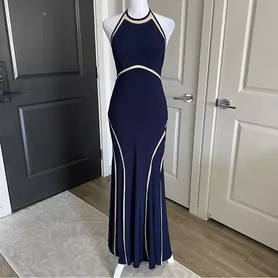 Aqua Navy Halter Neck Formal Maxi Gown With Nude Mesh Cut Outs Size 0 • £71.24