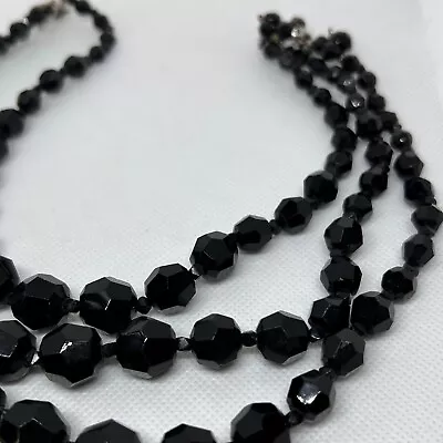 Vintage Chunky 3 Strand Black Bead Necklace W/ Rhinestone Clasp 17  • $12.99