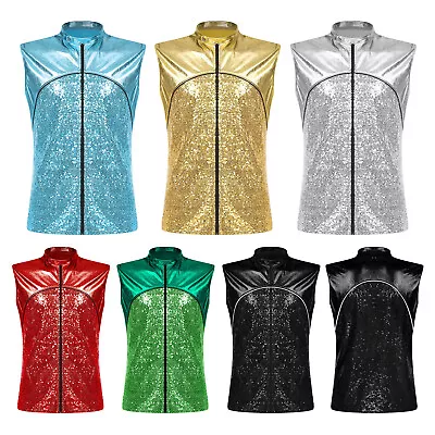 Mens Glittery Sequins Sleeveless Jacket Metallic Zipper Nightclub Vest Waistcoat • $5.99