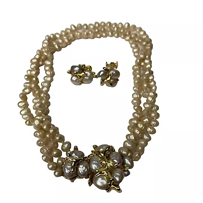 Vintage Signed LES BERNARD 3 Strand Baroque Pearl Gold Necklace Earrings Set MCM • $99