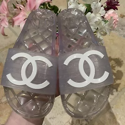 Chanel CC Logo Clear Sandals Slides Size 7.5 (37.5) • $399.99