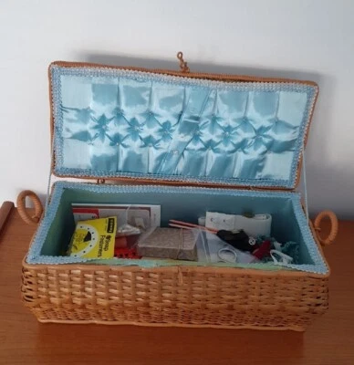 £20 • Buy Large Vtg Wicker / Tapestry Sewing Box Basket & Unsorted Contents Haberdashery