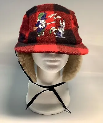 Vtg Bugs Bunny Rabbit Season Mens Ear Flap Hat Red Check Plaid ‘96 Elmer Fudd • $24.50