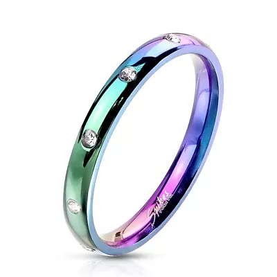 Stainless Steel CZ 3mm Eternity Band Ring Size 5-10 Rainbow Rose Gold Plated • $11.99