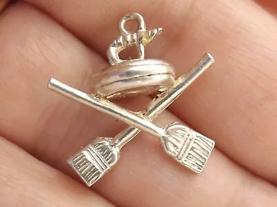 Curling Stone And Brooms Vintage Sterling Silver Three Dimensional Solid Charm • $18.93