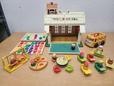 Vintage Fisher Price Little People School House With School Bus Playground... • $209.99