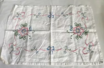 Vintage Hand Embroidered Pink Floral 22” X 16” Dresser Scarf Runner • $8