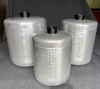 Vintage Century Spun Aluminum Kitchen Canisters Flour Sugar Coffee W/Black Knobs • $29.95