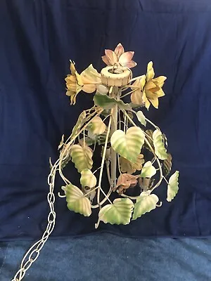 Large 19” Vintage Italian Tole Chandelier Metal Flowers Pink And Yellow Roses • $350
