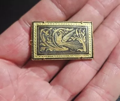 Vintage Flowers Birds Rectangular Gold & Black Damascene Brooch Trombone Clasp  • $9.99