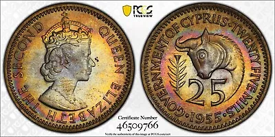 MS65 1955 Cyprus 25 Mils PCGS Trueview- Beautifully Rainbow Toned • $145