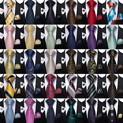 200 Styles Mens Silk Ties Black Pocket Square Cufflinks Wedding Prom Set Xmas UK • £6.99