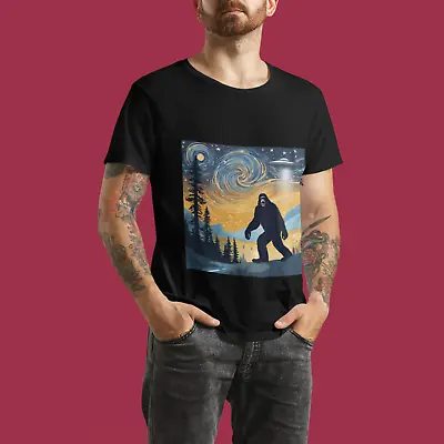 Starry Night Van Gogh T Shirt Funny Bigfoot UFO Alien Abduction T Shirt • $27.35