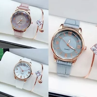 Watch And Bracelet Set Ladies Women Girls Fashion Leather Strap Wristwatch Gift • £9.50