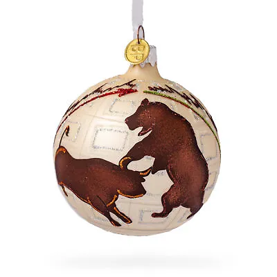 Bear And Bull On Wall Street Blown Glass Ball Christmas Ornament 3.25 Inches • $18.70