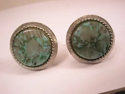 Green Veined & Flecked Stone Quality Round Vintage Cuff Links Simple Design • $32.49