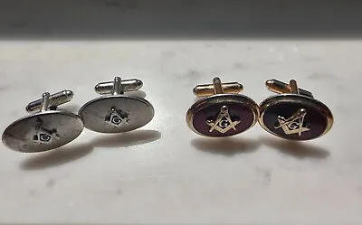 Two Pair Of Vintage Masonic Cufflinks Silver & Gold Red Stone Cuff Links Tieclip • $40