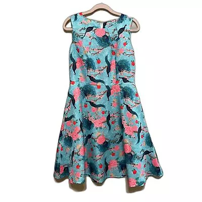 Voodoo Vixen Fit Flare Dress Women Large Peacock Bird Asian Print Rockabilly VLV • $28.79