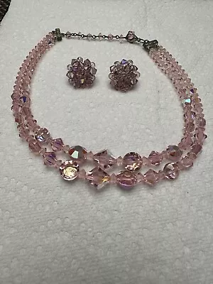 Vintage 1950’s Pink Crystal 2 Strand Necklace With Matching Clip On Earrings • $30