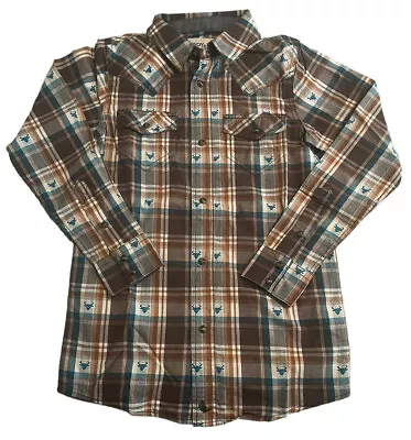 Cody James Shirt Boys Small Brown Blue Plaid Western Pearl Snap Sawtooth Youth • $26.41