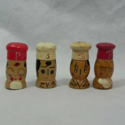 2 Sets Wooden CHEFS Man & Woman Mini SALT & PEPPER SHAKERS Cork Stoppers Japan • $14.82