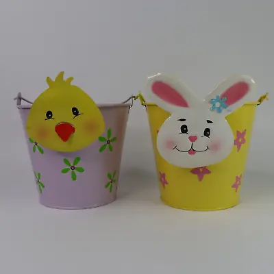 Two Metal Easter Sand Pail Buckets Easter Bunny Tin Baskets Chick Decor Holiday • $20.65