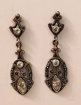 Sterling Silver 925 Art Deco Marcasite & Aqua Gemstone Dangle Earrings Vintage • $15