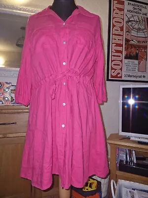 Size 12 Marks And Spencer Hot Pink Flax Linen Mix Shirt Dress • £15