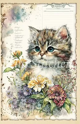 Vintage Flower Kitty Cat Ephemera Collage #6 Craft Sewing Cotton Fabric Block • $14.80
