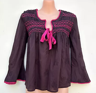 ODD MOLLY  I Speak Heart  Aubergine Cotton Embroidered/Shirred Smock Top 1/10 • $59