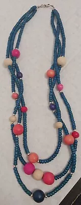 Vintage Multi-Strand Multicolored Wood Bead Necklace 24  Long. Pre-owned • $18