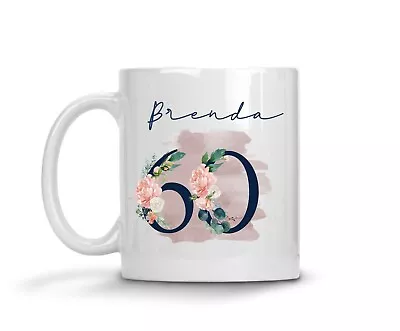 Personalised Mug Navy Peach Floral 60th Birthday Watercolour Splash Friend Gift • £9.99