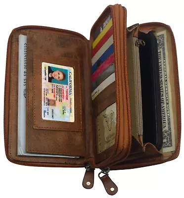 RFID Blocking Genuine Leather Checkbook Secretary Wallet 2 Zipper Card Organizer • $24.22