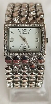 £9.99 • Buy Ladies Chunky Silver Tone Metal Wristwatch-White Face & Beed Effect Strap