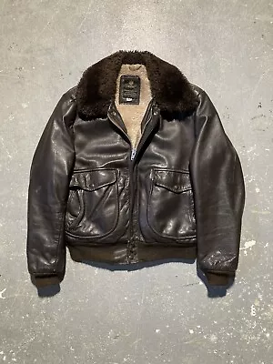 Vintage Cooper Leather Bomber Jacket Sherpa Lined Brown Faux Fur Collar USA 42-L • $79.99