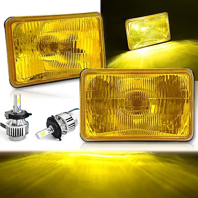 4X6 Stock Yellow Glass Lens Metal Headlight 18/24w LED Lamp Bulb Headlamp Pair • $99.95