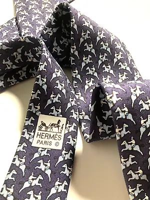 Hermes Vintage Jumping Horse Jockey Tie Showjumper Riding High End France Blue • £105.05