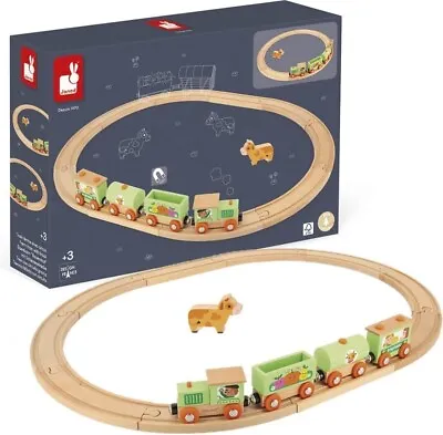 Janod Wooden Farm Train + Track Set Educational Pre-School Wooded Toy New Boxed • £12.99