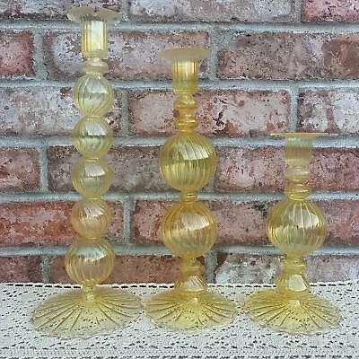 Vintage Venetian Murano Style Optic Swirl Ball Yellow Glass Candlestick Holders • $119.95