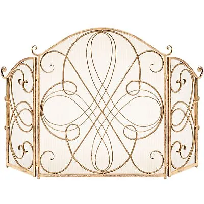 $100.90 • Buy Gold Finish Fireplace Screen 3 Panel Mesh Folding Wrought Iron Arch Scrollwork